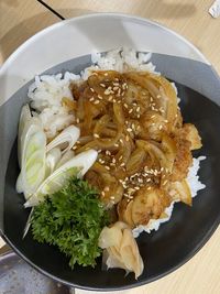 High angle view of food in plate on table