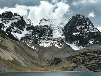 Scenic view of snow covered mountains against sky