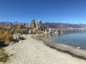 Scenic view of sea against clear blue sky