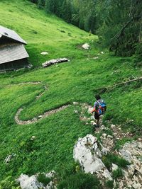 People on land by mountain