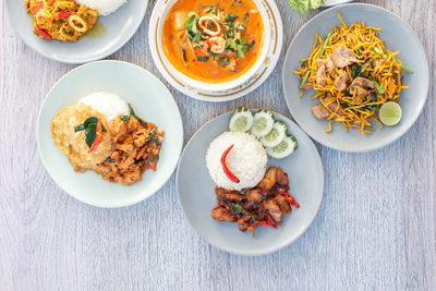 High angle view of meal served on table