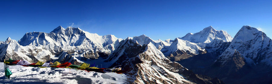 Panoramic view of mountains against clear blue sky