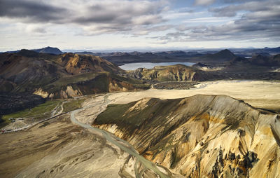 Dirty river and mountains near lake