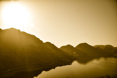 Scenic view of mountains against sky during sunset