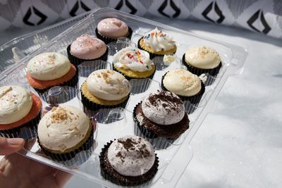 High angle view of cupcakes on table