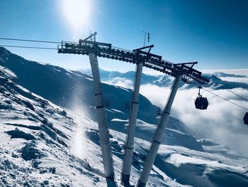 Low angle view of overhead cable car against sky and snow