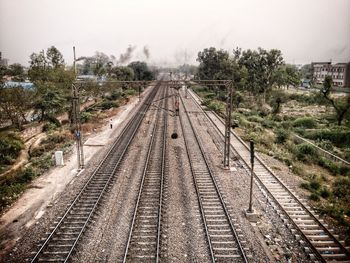 Railway tracks amidst trees against sky