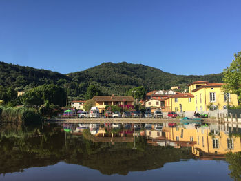 Scenic view of lake and buildings against clear blue sky