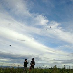 Silhouette of bird flying against cloudy sky