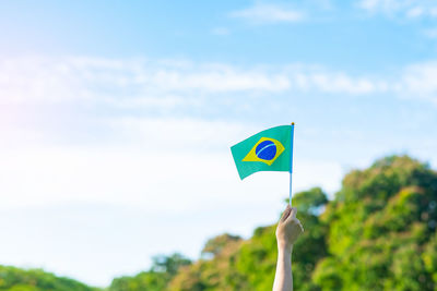 Hand holding flag against sky