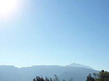 Scenic view of mountains against clear blue sky