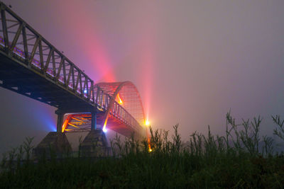 Illuminated bridge over field against sky at night