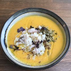 High angle view of soup in bowl on table