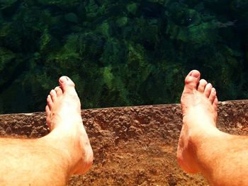 Low section of man relaxing against trees