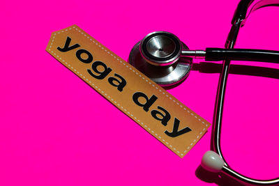 High angle view of information sign on table