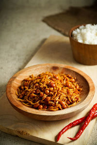 High angle view of noodles in bowl on table