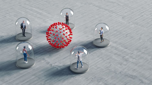 High angle view of people standing on street