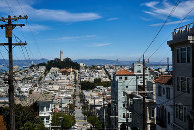 High angle view of buildings in city against sky