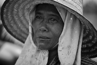 Close-up of woman wearing hat