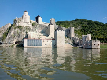 Buildings by lake against clear blue sky