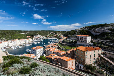 High angle shot of townscape against sky