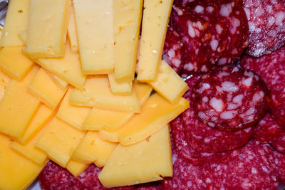 High angle view of chopped slices in plate