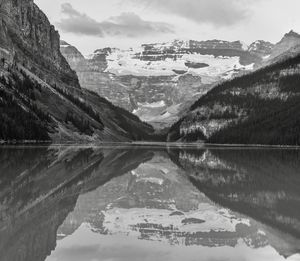 Scenic view of lake by mountains against sky