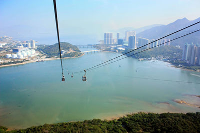 High angle view of overhead cable cars over sea against sky at lantau island