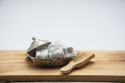 High angle view of container on table