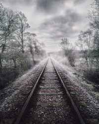 Surface level of railroad tracks against sky