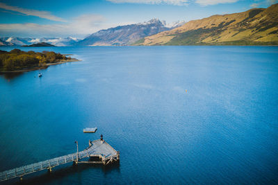 High angle view of bay against sky