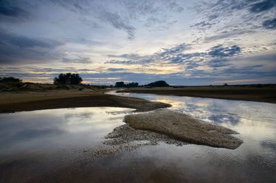 Scenic view of lake against sky during sunset