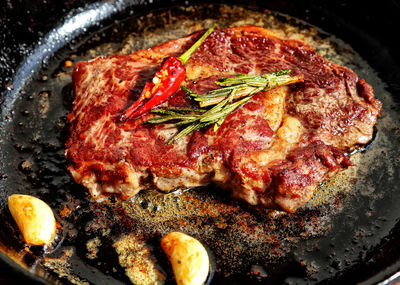 High angle view of food in cooking pan