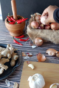 High angle view of person preparing food