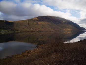 Scenic view of lake and mountains against sky