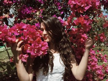 Woman with pink flowers