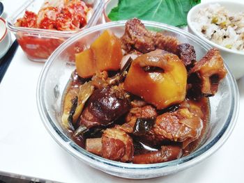 High angle view of food in bowl on table