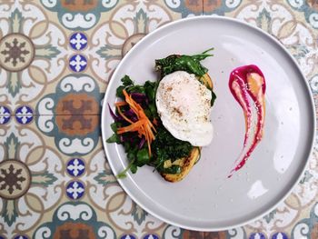 High angle view of breakfast served on table