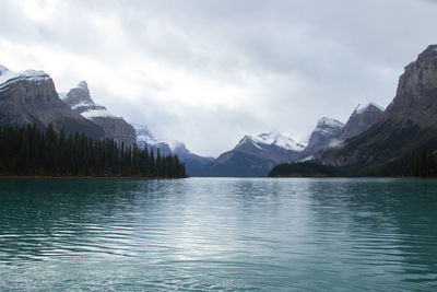 Scenic view of lake and mountains against sky