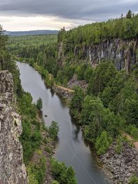 High angle view of river amidst trees against sky