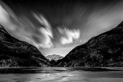 Scenic view of mountains against sky at night