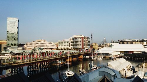 Bridge over river by buildings against clear sky