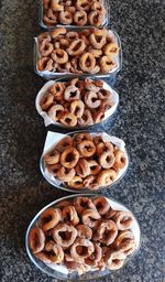 High angle view of cookies in bowl on table