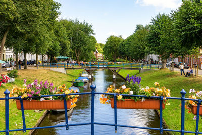 Scenic view of park by lake against sky