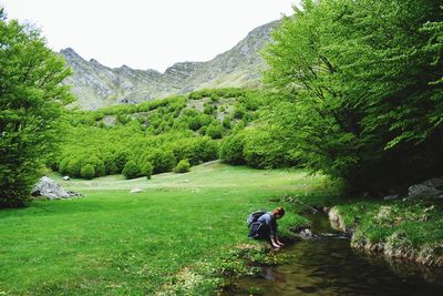 Rear view of woman with hands in the creek