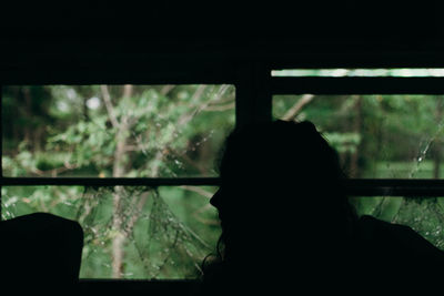 Rear view of silhouette woman seen through window