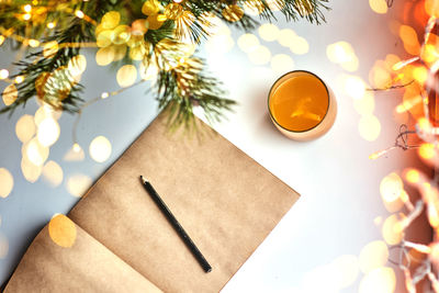 High angle view of christmas decoration on table