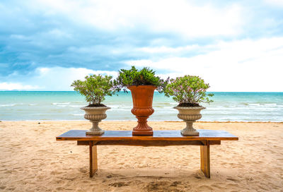 Scenic view of sea and table against sky