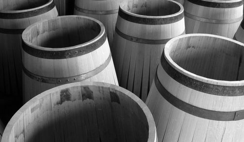 High angle view of empty barrels