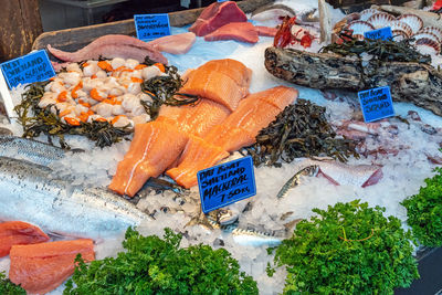 Salmon fillet and other fish and seafood for sale at a market in london, uk
